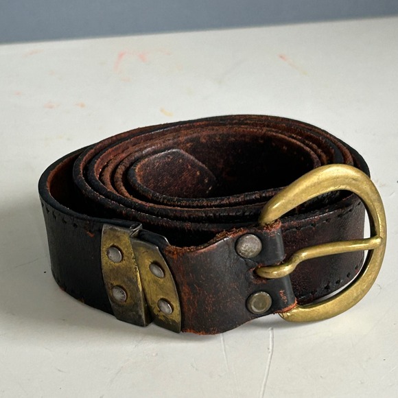 Vtg Belt Brass Buckle Mens XL XXL Distressed Brown Leather Workwear Reversible